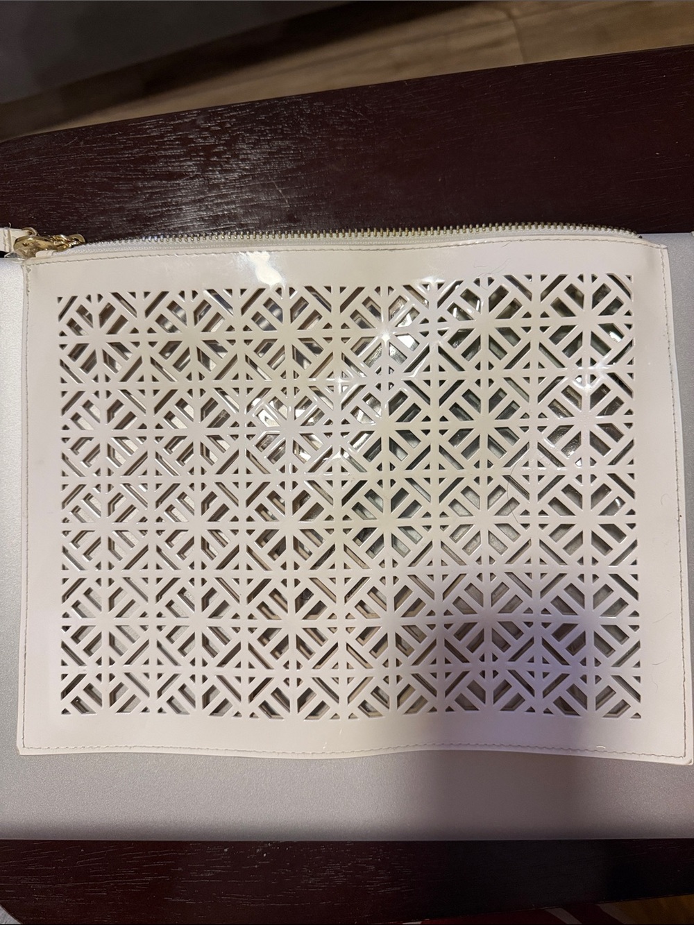 Tory Burch White Laser-Cut Geometric Zip Clutch with Wrist Strap